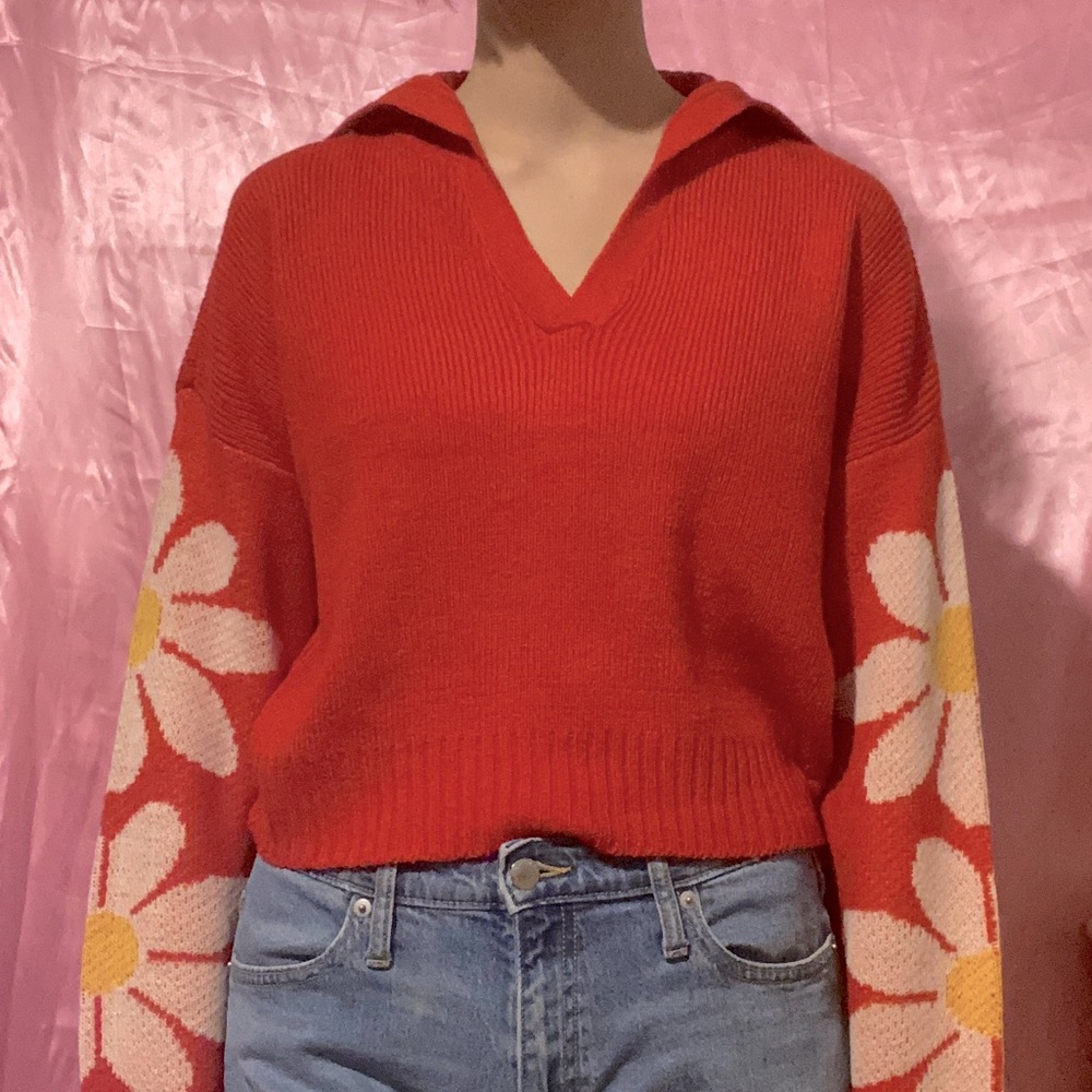 Y2K Preppy Red Daisy Collard Knitted Sweater